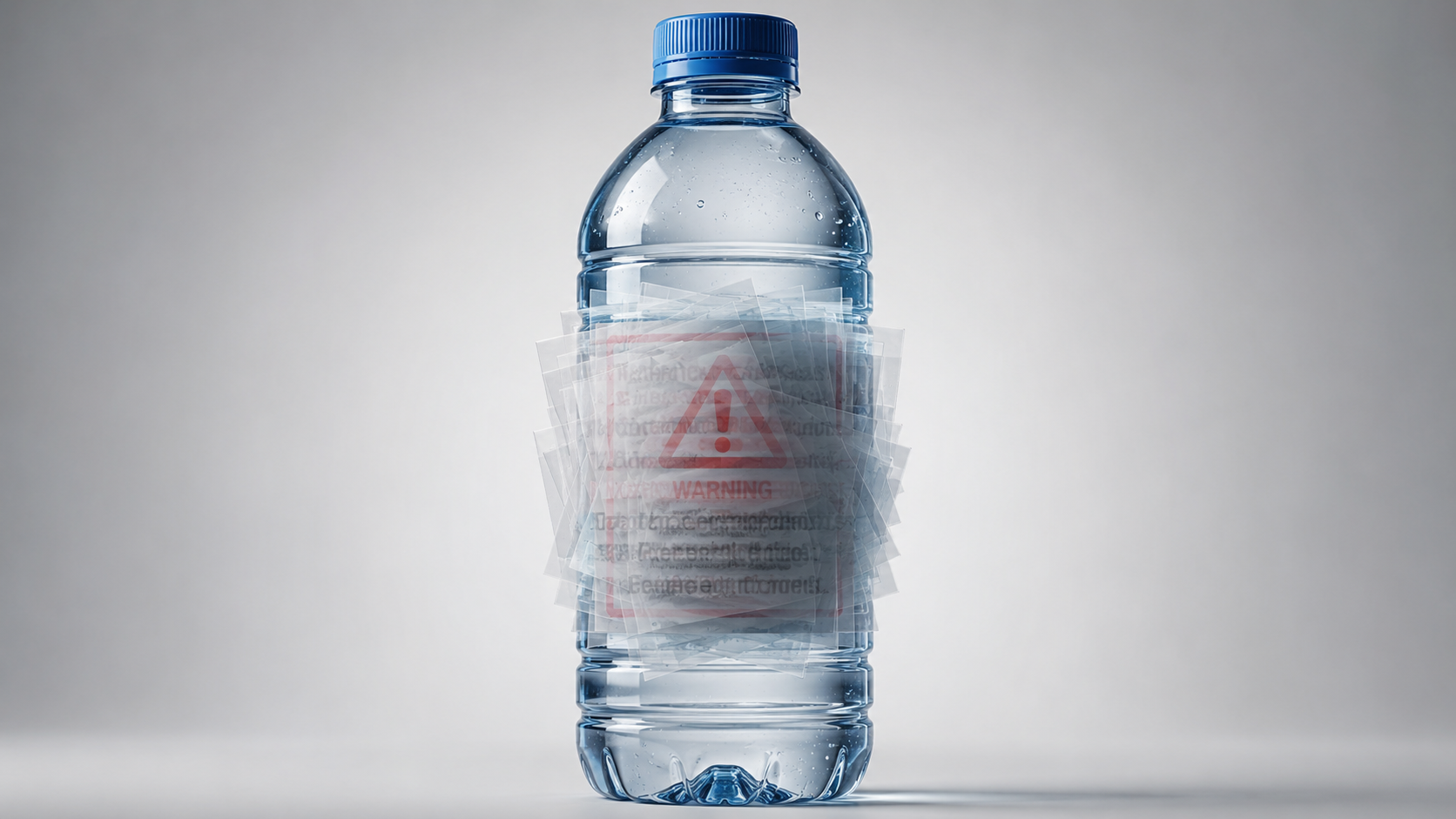 Wasserflasche mit kaum lesbarem Warnetikett, das von mehreren transparenten Schichten überlagert wird.