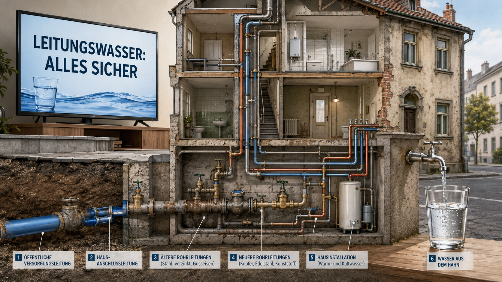 Fernsehbeitrag über sicheres Leitungswasser vor einem Gebäudequerschnitt mit unterschiedlichen Wasserleitungen